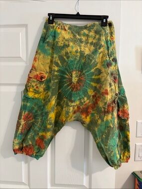 Tie-Dye Harem Cargo Pants/shorts in Green & Yellow. purple blue. and yellow